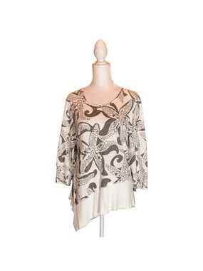 SUN MODA Gray & Cream Starfish Print Asymmetrical 3/4 Sleeve Tunic Top Size S